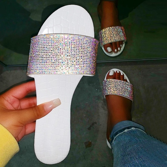 Cape Robbin Shoes - NEW🔥 Open Toe Rainbow AB Rhinestone Slides Sandal